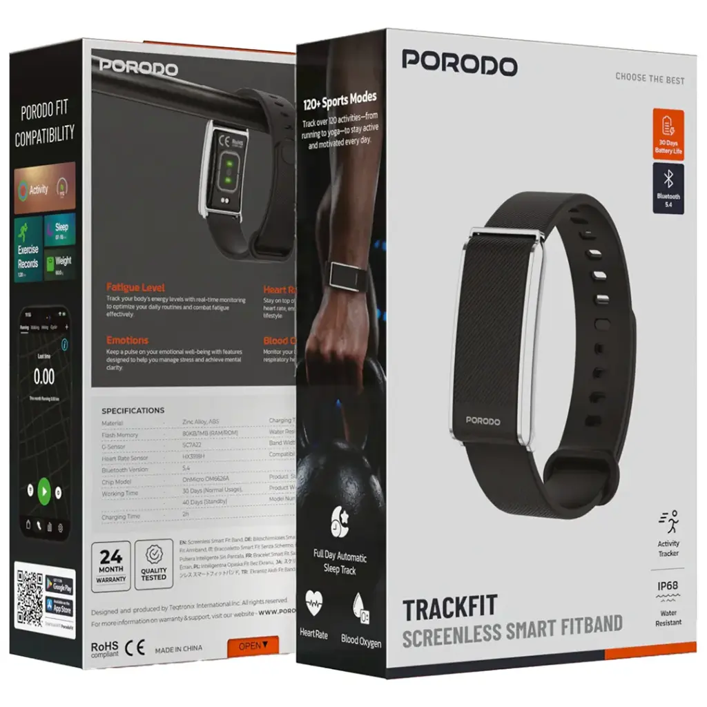 Porodo TrackFit  Screenless Fitband with Black and  Orange Strap Silver Case