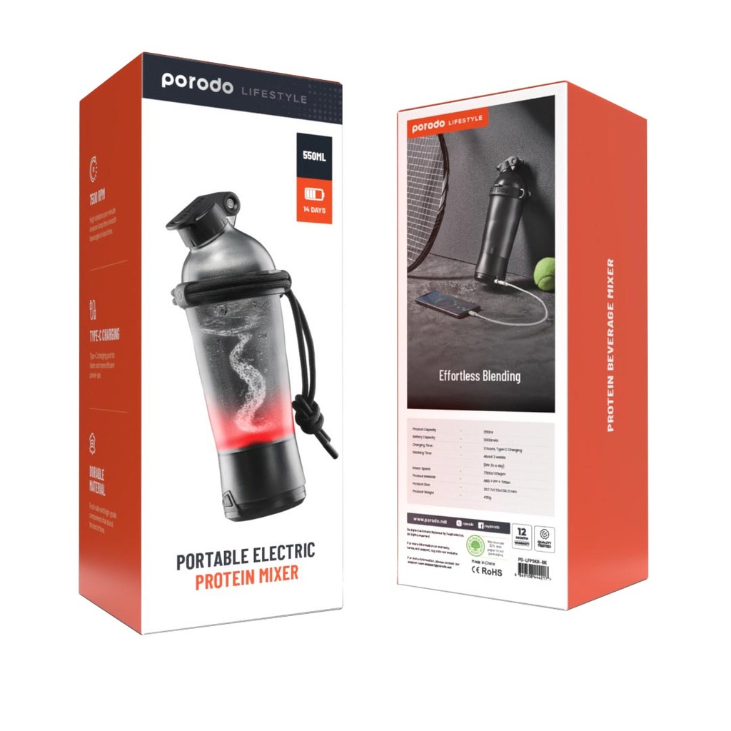 Porodo LifeStyle Portable Electric Protein Mixer- Black