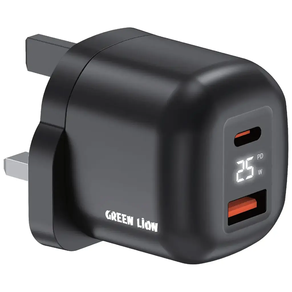 Green Lion Q-  SERIES UK Plug GaN Charger  USB-C&amp;A Port PD25W+ QC3.0 -  Black