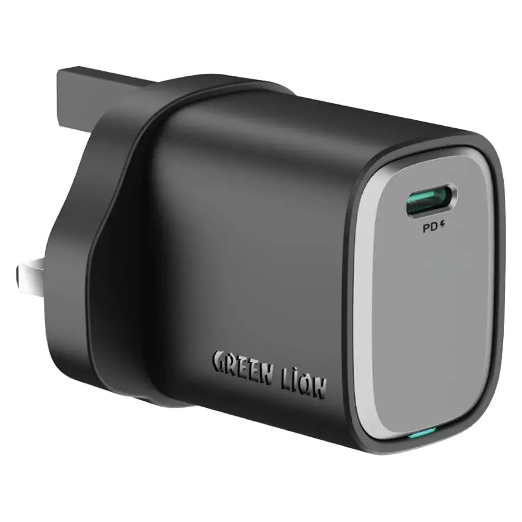Green Lion  SUPRA 22.5W GaN UK Wall  Charger USB A&amp;C , USB C Cable -  Black Grey