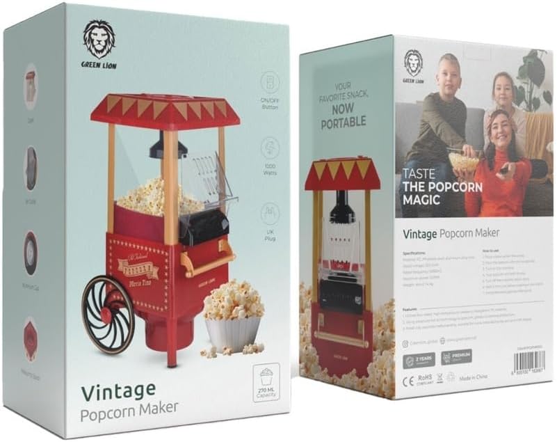Green Lion Vintage Popcorn Maker, 1200W, 270 ml – Red