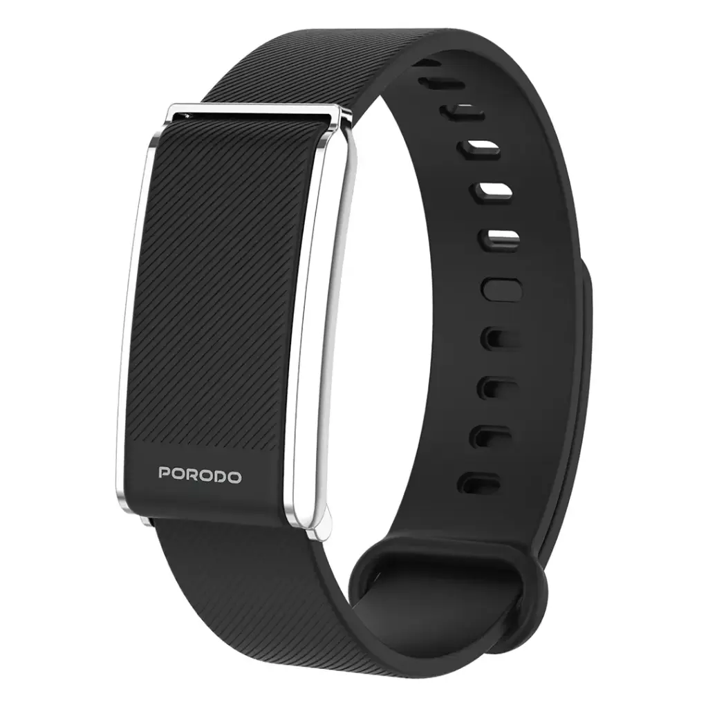 Porodo Trackfit  Screenless Silicone  Fitband  BlackStrap Silver Case - Black