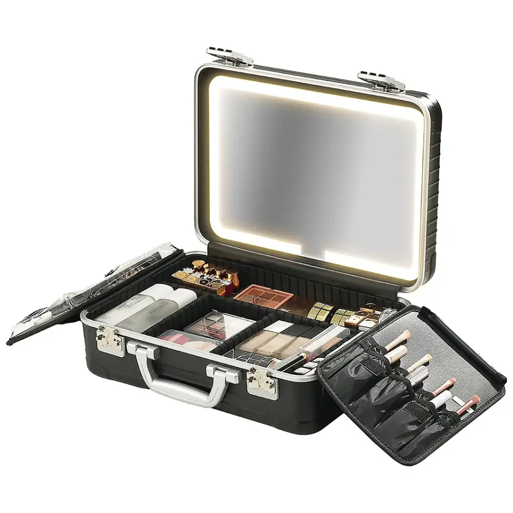 Travel Makeup Bag with Detachable LED Mirror - Black